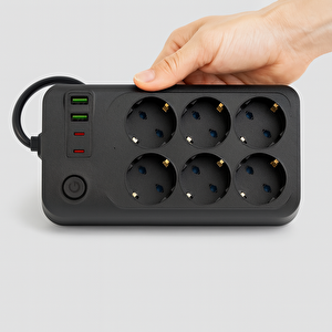 Akım Korumalı Topraklı Golyat Grup Şarj Fiş Priz 6 Prizli 4 Usb Girişli 2 Metre Uzatma Kablosu
