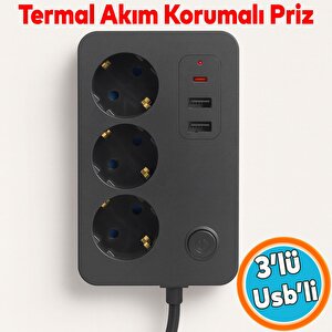 Çocuk Akım Korumalı Topraklı Golyat Grup Şarj Fiş Priz 3 Prizli 3 Usb Girişli 2 Metre Uzatma Kablosu