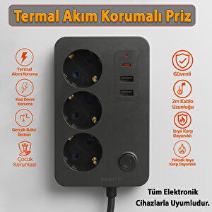 Çocuk Akım Korumalı Topraklı Golyat Grup Şarj Fiş Priz 3 Prizli 3 Usb Girişli 2 Metre Uzatma Kablosu