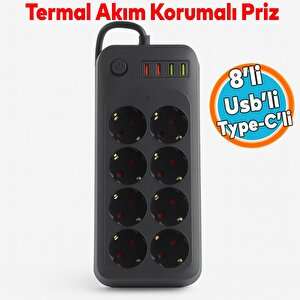 Akım Korumalı Topraklı Golyat Grup Şarj Fiş Priz 8 Prizli 4 Usb Girişli 2 Metre Uzatma Kablosu