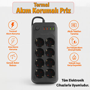 Akım Korumalı Topraklı Golyat Grup Şarj Fiş Priz 8 Prizli 4 Usb Girişli 2 Metre Uzatma Kablosu