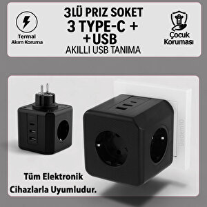 Çocuk Termal Kısa Devre Akım Korumalı 3 Prizli 2 Usb + 1 Type-c Topraklı Golyat Grup Şarj Fiş Priz