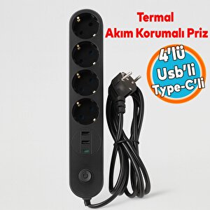 Akım Korumalı Topraklı Golyat Grup Şarj Fiş Priz 4 Prizli 3 Usb Girişli 2 Metre Uzatma Kablosu