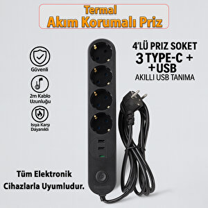 Akım Korumalı Topraklı Golyat Grup Şarj Fiş Priz 4 Prizli 3 Usb Girişli 2 Metre Uzatma Kablosu