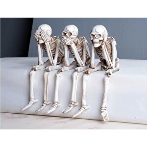 Dekoratif Üçlü Oturan İskelet Biblo Seti Görmedim,duymadım,bilmiyorum Temalı Esnek Ayaklı, Polyester Gotik Figür