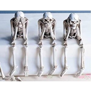 Dekoratif Üçlü Oturan İskelet Biblo Seti Görmedim,duymadım,bilmiyorum Temalı Esnek Ayaklı, Polyester Gotik Figür