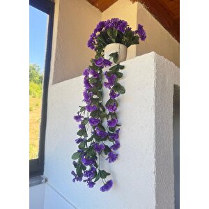 Yapay Çiçek Sarkan Mor Menekşe Krem Rengi Saksıda 4 Sarkan Dallı 70cm