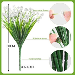 6lı Set Yapay Çiçek Sazlı Lotus Beyaz Renk 7 Dal Plastik  30cm