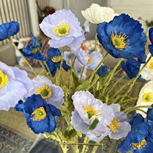 Yapay Çiçek Gelincik Çiçeği Mavi Koyu Renk 3 Çiçek 1 Tomurcuk 59cm
