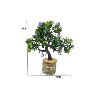 Yapay Çiçek Mor Çiçekli Bonsai Ağacı Dekoratif Kütük Saksıda Yapay Ağaç Bonzai Losus Çiçekli