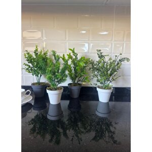 4lü Set Yapay Çiçek Mini Saksıda Yeşil Bitkiler 30cm