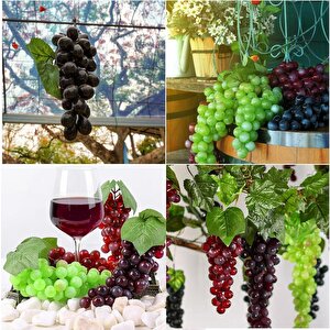 3lü Set Yapay Meyve Kırmızı Siyah Yeşil Üzüm Süs Dekoratif Meyve 15cm
