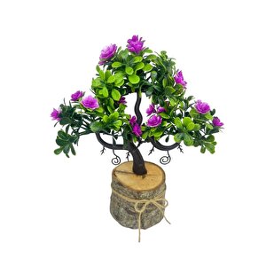 Yapay Çiçek Lila Çiçekli Bonsai Ağacı Dekoratif Kütük Saksıda Yapay Ağaç Bonzai Losus Çiçekli