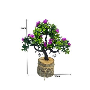 Yapay Çiçek Lila Çiçekli Bonsai Ağacı Dekoratif Kütük Saksıda Yapay Ağaç Bonzai Losus Çiçekli