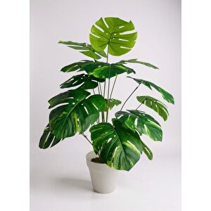 Yapay Çiçek Salon Bitkisi Monstera Tropik Desenli  70cm 18 Yaprak Antrasit Krem Saksıda