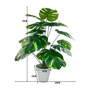 Yapay Çiçek Salon Bitkisi Monstera Tropik Desenli  70cm 18 Yaprak Antrasit Krem Saksıda