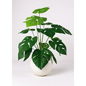 Yapay Çiçek Salon Bitkisi Monstera 70cm 18 Yaprak Beyaz Küre Saksıda