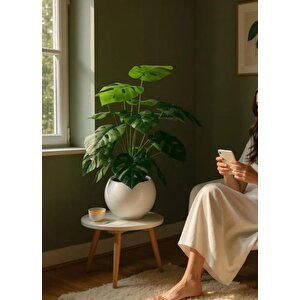 Yapay Çiçek Salon Bitkisi Monstera 70cm 18 Yaprak Beyaz Küre Saksıda