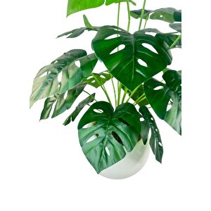 Yapay Çiçek Salon Bitkisi Monstera 70cm 18 Yaprak Beyaz Küre Saksıda