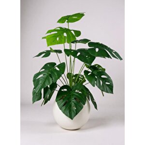 Yapay Çiçek Salon Bitkisi Monstera 70cm 18 Yaprak Beyaz Küre Saksıda