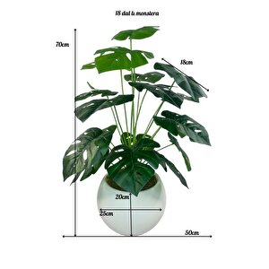 Yapay Çiçek Salon Bitkisi Monstera 70cm 18 Yaprak Beyaz Küre Saksıda