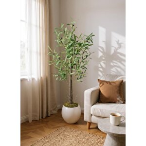 Yapay Zeytin Ağacı 130cm İki Gövdeli Beyaz Küre Saksıda Salex Doğal Gerçek Görünümlü Yapay Ağaç