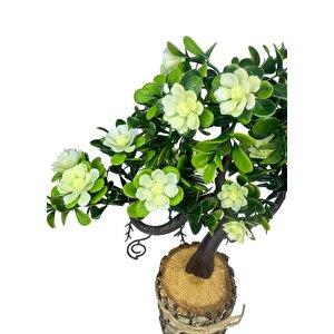 Yapay Çiçek Beyaz Çiçekli Bonsai Ağacı Dekoratif Kütük Saksıda Yapay Ağaç Bonzai Losus Çiçekli