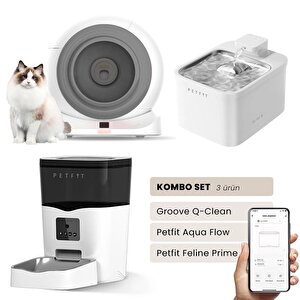 Groove Q-clean Akıllı Otomatik Kedi Tuvaleti Gri - Petfit Aqua Flow Akıllı Bataryalı Su Pınarı Çeşmesi + Petfit Feline Prime Akıll