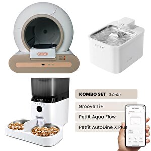 Groove Ti+ Akıllı Otomatik Kedi Tuvaleti Kahverengi - Petfit Aqua Flow Akıllı Bataryalı Su Pınarı Çeşmesi + Petfit Autodine X Plus