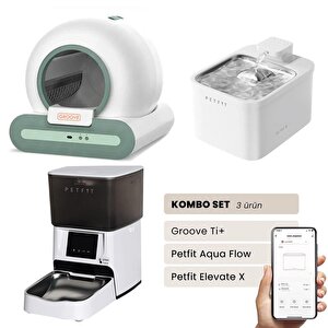 Groove Ti+ Akıllı Otomatik Kedi Tuvaleti Yeşil - Petfit Aqua Flow Akıllı Bataryalı Su Pınarı Çeşmesi + Petfit Elevate X Akıllı Oto