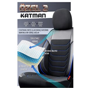 Citroen C5 Uyumlu Yarı Deri Oto Koltuk Kılıfı Ön Arka Takım Carbon Serisi Siyah Mavi