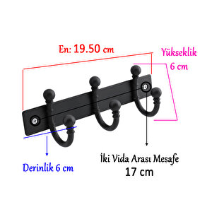 Metal Askı Siyah 3'lü Birleşik Askı Vestiyer Duvar Monteli Dolap Askılığı Vidalı Elbise Asma 1 Adet
