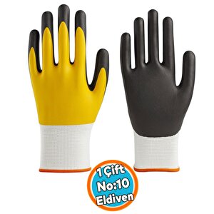 İş Güvenlik İnşaat Eldiveni Çift Nitril (sarı-siyah) No: 10 L Beden Polyester Double Nitril