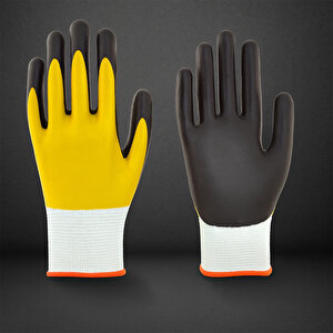 İş Güvenlik İnşaat Eldiveni Çift Nitril (sarı-siyah) No: 10 L Beden Polyester Double Nitril