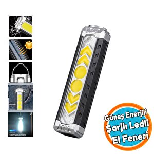 Güneş Enerjli El Feneri Ledli 15w Şarjlı Mıknatıslı Askılı Kamp Taktik El Feneri Su Geçirmez