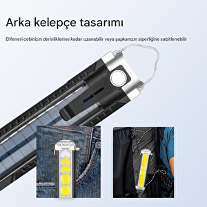 Güneş Enerjli El Feneri Ledli 15w Şarjlı Mıknatıslı Askılı Kamp Taktik El Feneri Su Geçirmez