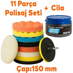 Polisaj Süngeri Seti + 300 Gr Cila 150 Mm Matkap Uyumlu Oto Seramik Wax Pasta Cila Parlatma Pedi