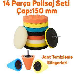Polisaj Süngeri Seti 14 Parça Jant Parlatma Pedi Matkap Uyumlu Oto Wax Büyük Boy Pasta Cila 150 Mm
