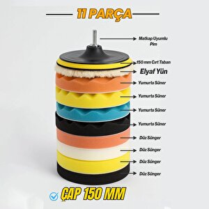 Polisaj Süngeri Seti 14 Parça Jant Parlatma Pedi Matkap Uyumlu Oto Wax Büyük Boy Pasta Cila 150 Mm