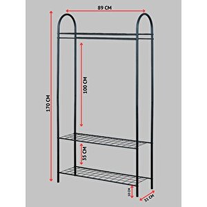 9019 Elit 3 Siyah Metal Raflı Elbise Askısı Ayaklı Askılık Konfeksiyon Askılık