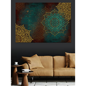 Altın Motifli Yeşil Arka Plan Dekoratif Kanvas - Mdf Ahşap Tablo 100x140 cm