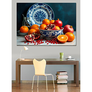 Nar Ve Mavi Seramikler Dekoratif Kanvas - Mdf Ahşap Tablo 100x140 cm