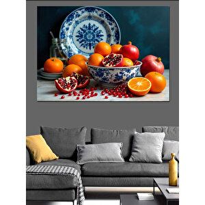 Nar Ve Mavi Seramikler Dekoratif Kanvas - Mdf Ahşap Tablo 100x140 cm
