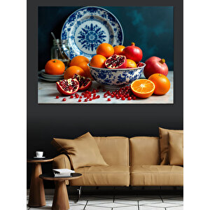 Nar Ve Mavi Seramikler Dekoratif Kanvas - Mdf Ahşap Tablo 100x140 cm