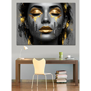 Altın Parıltılı Kadın Portresi Dekoratif Kanvas - Mdf Ahşap Tablo 100x140 cm