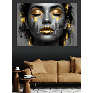 Altın Parıltılı Kadın Portresi Dekoratif Kanvas - Mdf Ahşap Tablo 100x140 cm