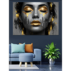 Altın Parıltılı Kadın Portresi Dekoratif Kanvas - Mdf Ahşap Tablo