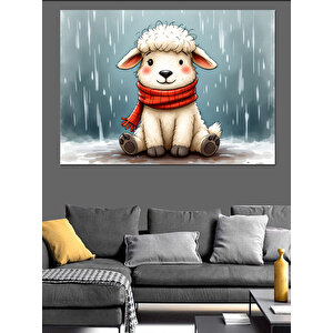 Yağmur Altında Sevimli Kuzu Dekoratif Kanvas - Mdf Ahşap Tablo 100x140 cm