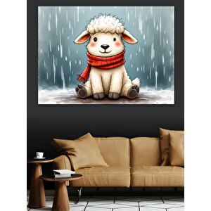 Yağmur Altında Sevimli Kuzu Dekoratif Kanvas - Mdf Ahşap Tablo 100x140 cm