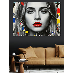 Siyah Beyaz Renkli Dudaklı Kadın Dekoratif Kanvas - Mdf Ahşap Tablo 100x140 cm